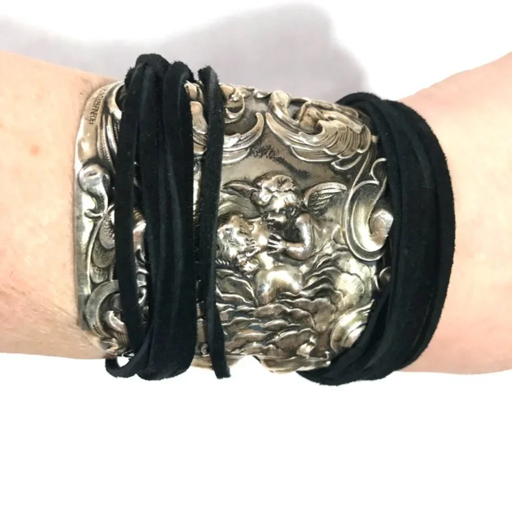 Antique Sterling Silver 925 Cuff Tie Wrap Bracelet Victorian Cherub Putti Biker - Picture 4 of 13